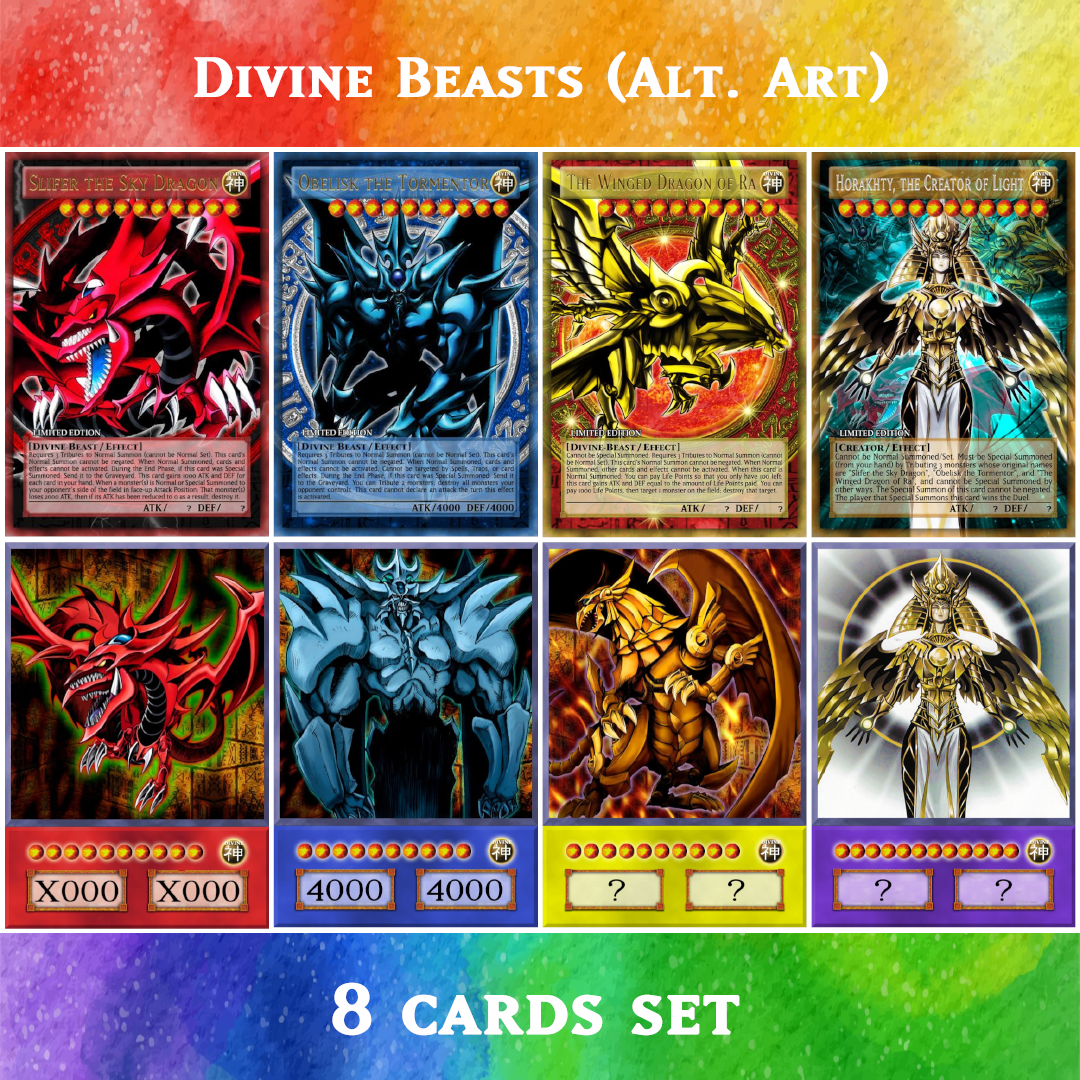 Divine Beasts Slifer, Obelisk, Ra, Horakhty (Alt. Art) - 8 cards set - Yugioh Orica Vintage Divine Beasts Slifer, Obelisk, Ra, Horakhty (Alt. Art) - 8 cards set - Yugioh Orica Vintage